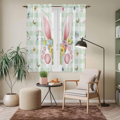 Easter Window Curtains 63 Inch Long 2 Panel Set, Rod Pocket Bedroom Curtains & Drapes, Spring Bunny Ears Feet Flowers Green Plaid Light Filtering Window Treatment for Living Room 42"W x 63"L