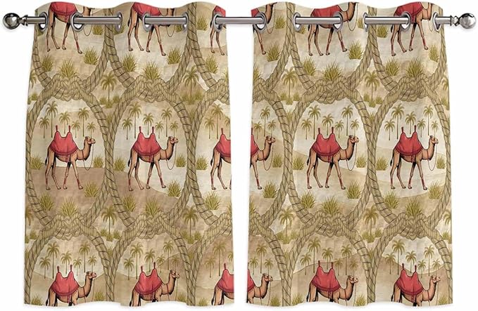 2 Panel Kitchen Cafe Curtains, Desert Camels Sunlight Filtering Nature Air Through, Home Decor Window Covering Tier Curtains for Living Room 104W x 52L inch Tropical Palm Trees Sand Cords Brown