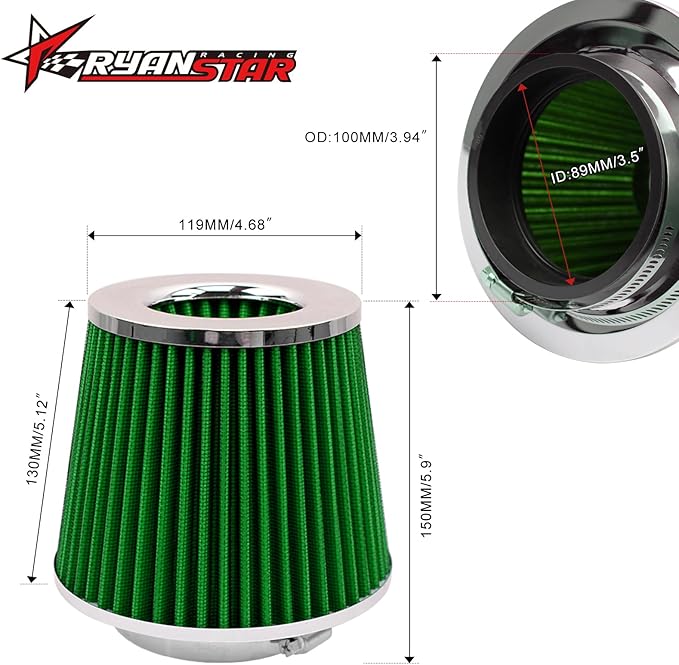 RYANSTAR RACING 89mm 3.5" High Flow Round Tapered Cone Cool Air Filter Cleaner with Top Filter Design Short 150mm tall Green