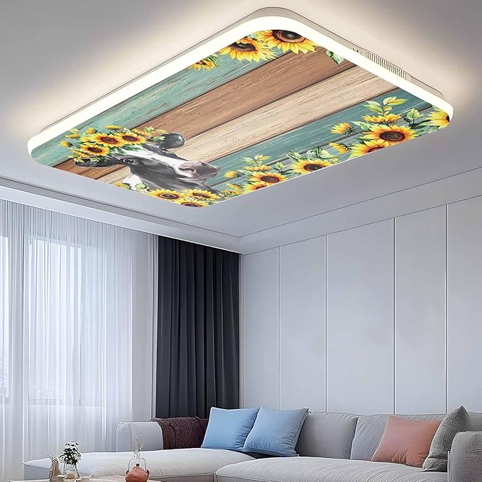 Fluorescent Light Covers Farm Cow Sunflower Magnetic Light Filters Vintage Blue Green Wood Grain Ceiling Light Covers for Classroom Office Home Drop Ceiling Lamp Decor 4 Pieces
