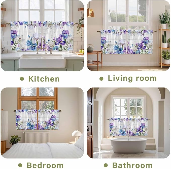Spring Flowers Tier Curtains, Watercolor Garden Florals Wooden Grain Light Filtering Kitchen Curtains, 2Pcs Rod Pocket Half Window Treatments Panels for Sink Cafe Cabinet Camper 27.5x36 Inches
