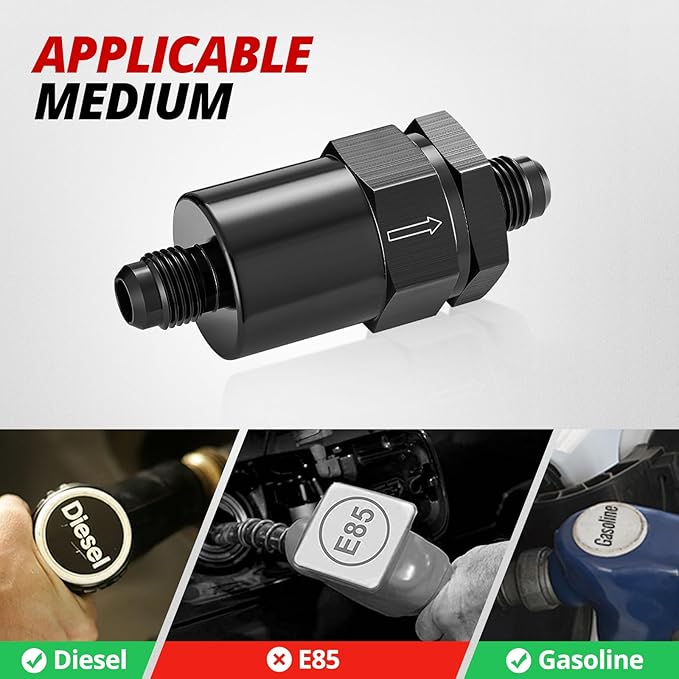 EVIL ENERGY 6AN Billet Inline Fuel Filter 30 Micron Aluminum Black for Car EFI & Carb Fuel Systems, Motorcycle and Boats