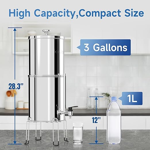 8-Stage Gravity Water Filtration System 3.0 Gallon-304 Stainless Steel Countertop System with 4 Filters and StandReduce 99.9% Chlorine, NSF/ANS 42 Certifcation