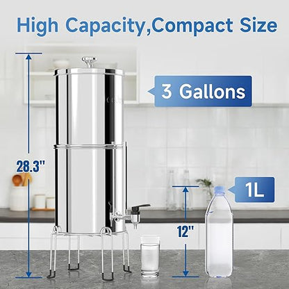 8-Stage Gravity Water Filtration System 3.0 Gallon-304 Stainless Steel Countertop System with 4 Filters and StandReduce 99.9% Chlorine, NSF/ANS 42 Certifcation