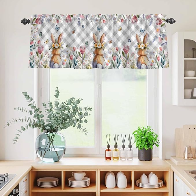 Kitchen Curtains Tiers and Valance Set of 3, Easter Light Filtering Window Curtain Set, Spring Rabbit Butterfly Botanical Florals Grey Plaid Rod Pocket Curtain Drapes for Living Room, 36 Inches Tiers