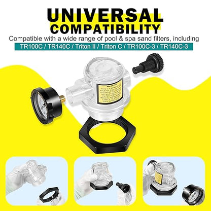 273564Z Manual Air Relief Valve with Pressure Gauge Compatible with Pentair Triton C, TR100C, TR140C, Triton II Sand Filters –For Clean & Clear,Warrior,EasyClean,SMBW 4000 Pool & Spa DE Filter Systems