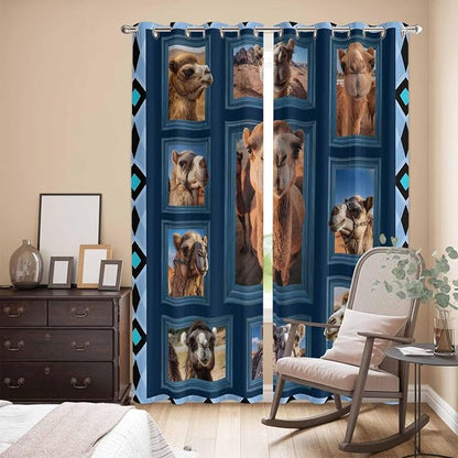 2 Panel Kitchen Cafe Curtains, Desert Camels Sunlight Filtering Nature Air Through, Home Decor Window Covering Tier Curtains for Living Room 104W x 90L inch Wildlife Brown Animals Blue Geometric