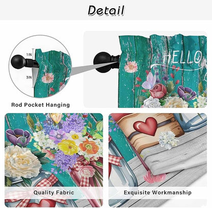 Spring Flowers Kitchen Curtains, Farmhouse Watercolor Teal Wood Grain Light Filtering Window Curtain Panels, 2Pcs Rod Pocket Window Treatments Set for Living Room Bathroom Bedroom 52x72 Inches