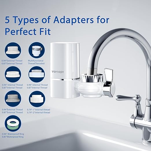 Vortopt Advanced Sink Faucet Filter,NSF Certified Faucet Installation System,400 Gallon Capacity,Can Reduce 99% Chlorine and Odors,with 1 Water Filter（T1-White）