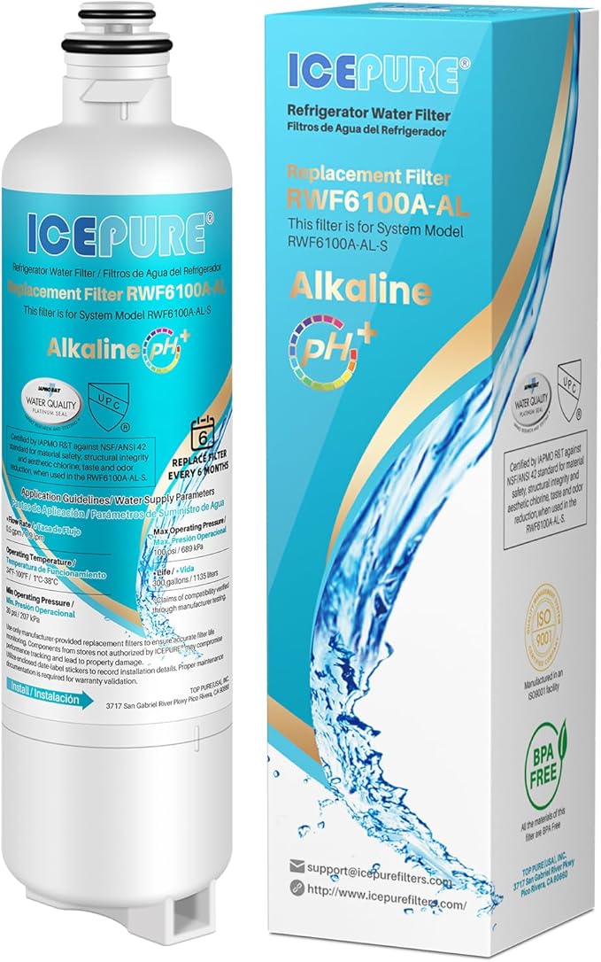ICEPURE Alkaline BORPLFTR50 Refrigerator Water Filter Replacement for Bosch Ultra Clarity Pro 11032531, 12033030, BORPLFTR55, 12028325, 11025825, B36CT80SNS, WFC100MF, WFS200MF, Enhances PH, 1Pack