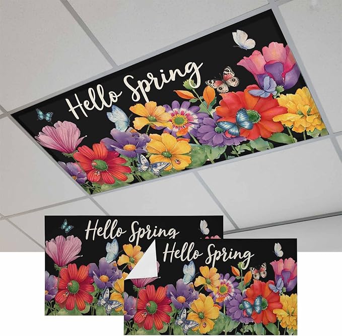 Fluorescent Light Covers for Ceiling Lights Hello Spring Magnetic Light Filters 2 Pack 4x2 ft Butterfly Colorful Spring Floral Ceiling Lights Cover for Classroom Office School Home Drop Lamp Decor