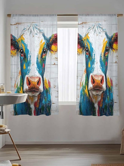 Sheer Curtains 72 Inches Long, Rustic Cow Semi Sheer Curtains Light Filtering Window Treatment, Vintage Colorful Animals Art Wooden Grain Privacy Voile Drapes for Living Room Bedroom 52x72 Inch