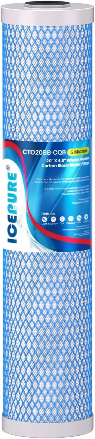 ICEPURE 5 Micron 20" x 4.5" Whole House Upgraded Activated Carbon Water Filter, 20-Inch Enhanced Lead Removal Water Filter Cartridge, Compatible with FC25B, EPM-20BB, CB-BB-20, CTO20BB-CQB, 1 PACK