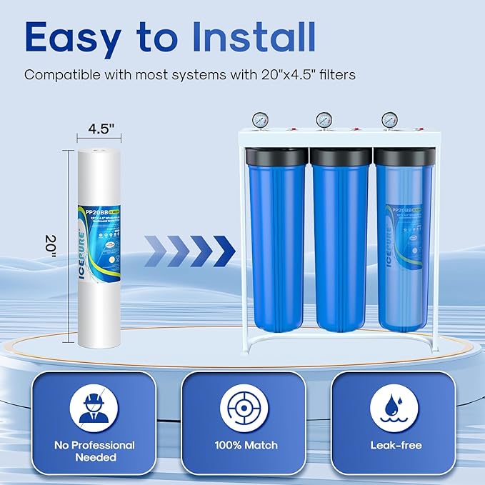 ICEPURE 20 Micron 20" x 4.5" Whole House Sediment Home Water Filter Replacement Cartridge, Compatible with SP-DD-5005-20BB, FPMB5-20, AP810-2, 155358-43, SDC-45-2005, 2PP20BB1M, P5-20, FP25B, 4 Pack