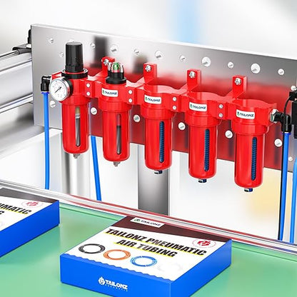 TAILONZ PNEUMATIC 0-150PSI 1/4 Inch NPT Red Industrial Grade 5 Stage Air Drying System, Particulate Filter, Coalescing Filter, Three Desiccant Dryer and Air Regulator (Manual Drainage)
