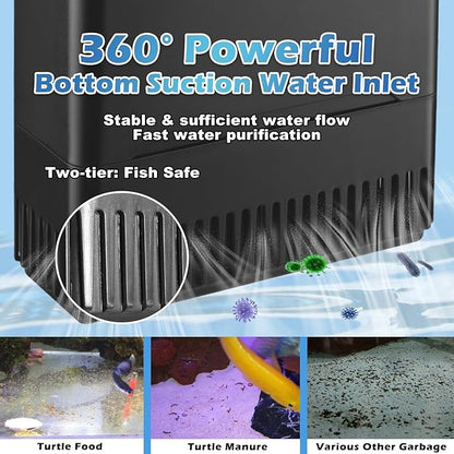Turtle Tank Filter w/ U-V Light for Large 40-150 Gal Tank 4-Stage Flow Adjustable Low Water Level Internal Deodorization Green Clean Machine Killing Cloudy Saltwater Freshwater Aquarium Crystal Clear