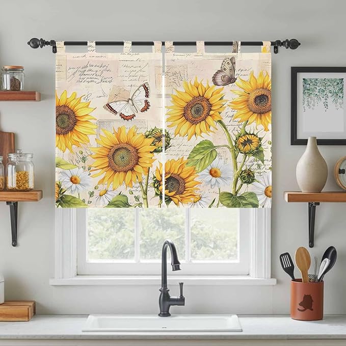 Yellow Sunflowers Kitchen Curtains 45 Inch Length, Short Cafe Window Curtains Tab Top, Country Farm Butterfly Flower Light Beige Light Filtering Window Treatments Tier Drapes 27.5"x45" 2 Panel