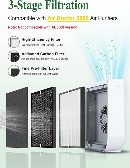 3000 Replacement Filter Compatible with Air Doctor 3000 Air Purifier, 2 Premium Filter + 2 Activated Carbon Filters + 8 Pre-Filters