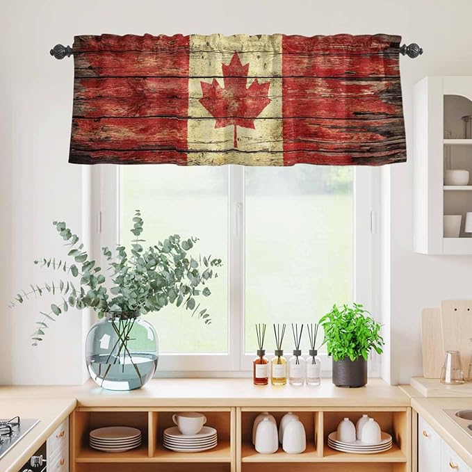 Kitchen Curtains Tiers and Valance Set of 3, Canada Light Filtering Window Curtain Set, Red Maple Leaf Flag Farmhouse Shabby Wooden Grain Rod Pocket Curtain Drapes for Living Room, 36 Inches Tiers