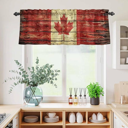 Kitchen Curtains Tiers and Valance Set of 3, Canada Light Filtering Window Curtain Set, Red Maple Leaf Flag Farmhouse Shabby Wooden Grain Rod Pocket Curtain Drapes for Living Room, 36 Inches Tiers