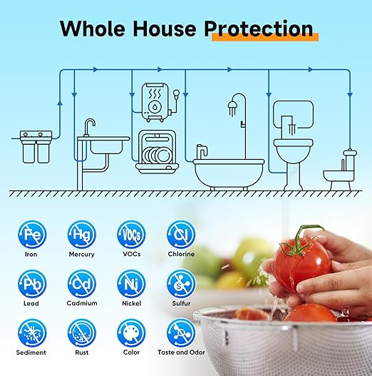 PUREPLUS 2-Stage Whole House Water Filtration System, Reduces Chlorine, Odor, Heavy Metals & Rust, 10"x4.5" Housing, 1" Inlet/Outlet, PP Grooved Sediment & KDF Carbon Filters, Pressure Gauges Included