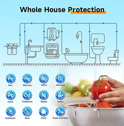 PUREPLUS 2-Stage Whole House Water Filtration System, Reduces Chlorine, Odor, Heavy Metals & Rust, 10"x4.5" Clear Housing, 1" Inlet/Outlet, PP Grooved Sediment&KDF Carbon Filters, With Pressure Gauges
