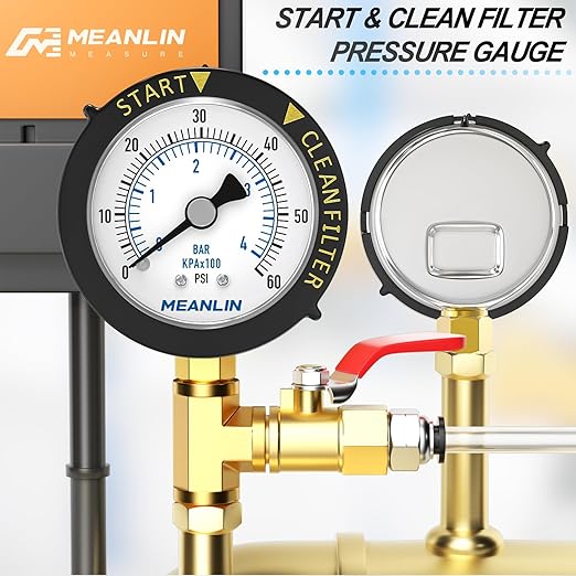 MEANLIN MEASURE 0~60Psi Stainless Steel Start and Clean Filter Pressure Gauge 1/4" NPT 2"FACE DIAL Waterproof for Pool Filter Pump Swimming Pool, spa, Aquarium Lower Mount with Rotatable Plastic Frame