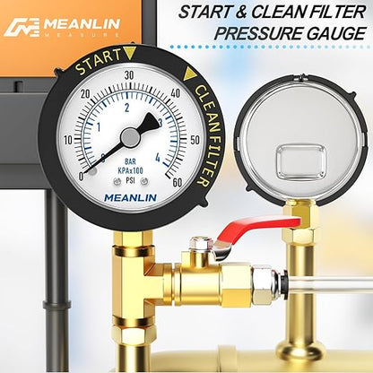 MEANLIN MEASURE 0~60Psi Stainless Steel Start and Clean Filter Pressure Gauge 1/4" NPT 2"FACE DIAL Waterproof for Pool Filter Pump Swimming Pool, spa, Aquarium Lower Mount with Rotatable Plastic Frame