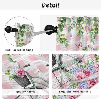 Spring Kitchen Curtains, Bicycles Leaves Butterfly Flowers Pink Buffalo Plaid Light Filtering Window Curtain Panels, 2Pcs Rod Pocket Window Treatments Set for Study Room Bathroom Bedroom 52x54 Inches