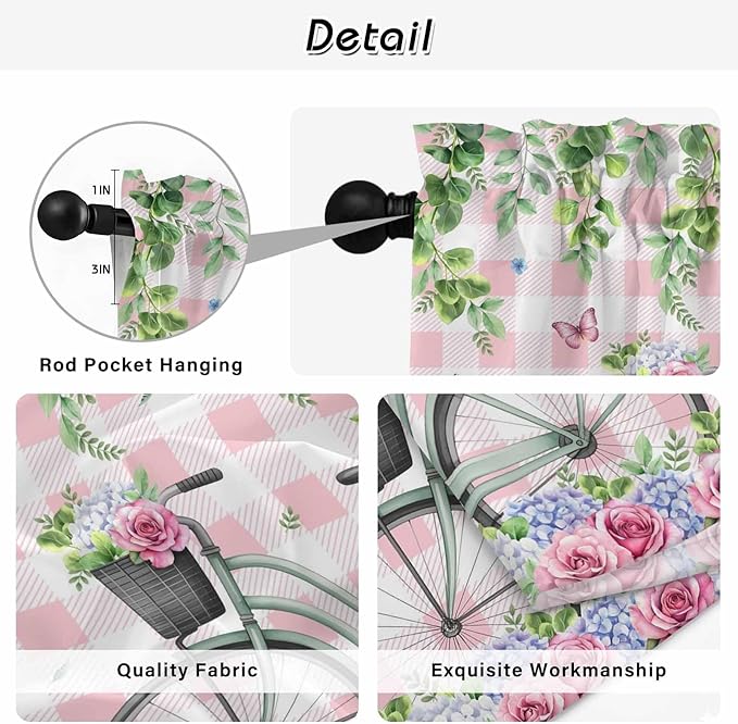 Spring Tier Curtains, Bicycles Leaves Butterfly Flowers Pink Buffalo Plaid Light Filtering Kitchen Curtains, 2Pcs Rod Pocket Half Window Treatments Panels for Sink Cafe Cabinet Basement 27.5x45 Inches