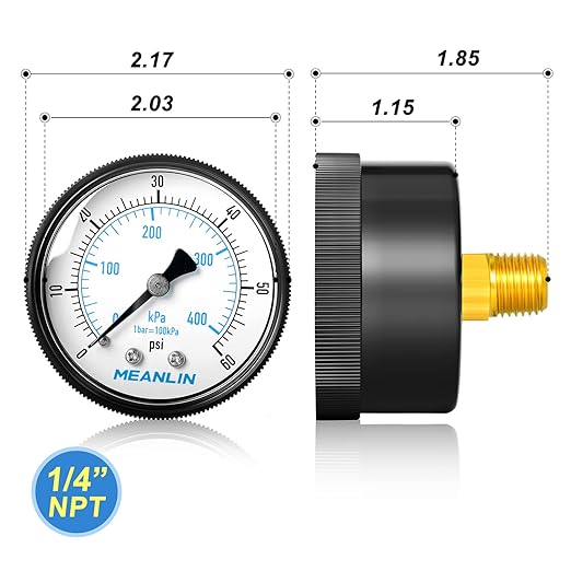 MEANLIN MEASURE 1/4" NPT 0-60Psi Swimming Pool Water Pressure Gauge 2" FACE DIAL, Center Back Mount, with 1/2" NPT and 3/8" NPT Hex Bushing