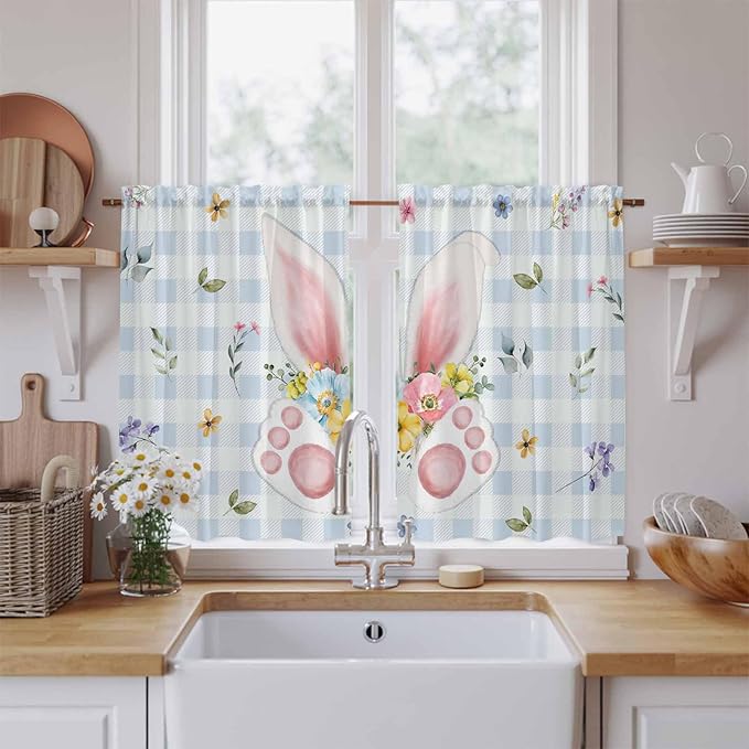 Easter Kitchen Curtains 54 Inch Long 2 Panel Set, Rod Pocket Window Curtains Panels, Spring Rabbits Ears Feet Floral Blue Lattice Light Filtering Privacy Draperies for Bedroom Laundry 42"W x 54"L
