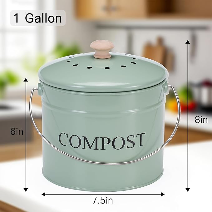 Compost Bin for Kitchen Counter, 1 Gallon Compost Bucket with Lid and Charcoal Filter, Countertop Composter, Rust Proof Indoor Food Waste Bin, Green