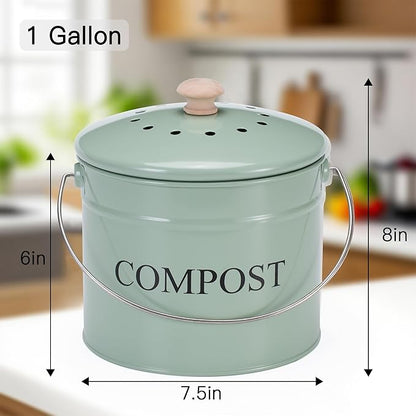 Compost Bin for Kitchen Counter, 1 Gallon Compost Bucket with Lid and Charcoal Filter, Countertop Composter, Rust Proof Indoor Food Waste Bin, Green