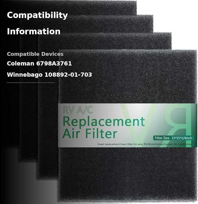 RV Air Conditioner Foam Filter Replacement 6798A3761 Compatible with Coleman and Winnebago RV AC Units 15 x 15 x 1/4 Inch (4 Pack)Thickened Washable High Density Foam Air Filter Replaces 108892-01-703
