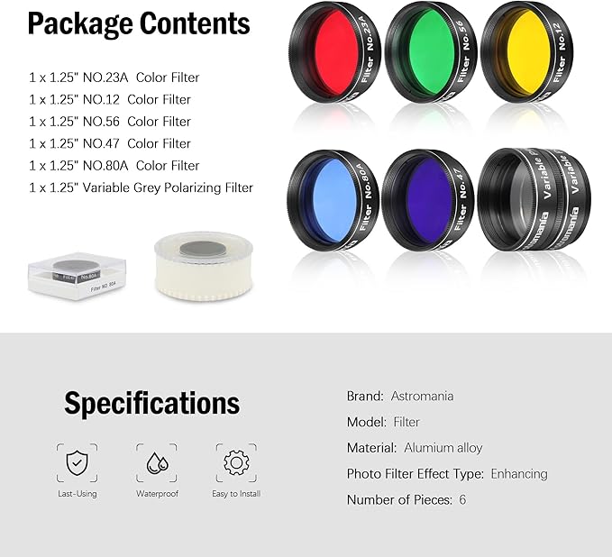 Astromania 1.25-Inch Telescope Eyepiece Filter Set(6 Pieces), Variable Grey Polarizing Filter, 5 Planetary Color Filters - Enhance Lunar Planetary Observation - Reduce Light Pollution