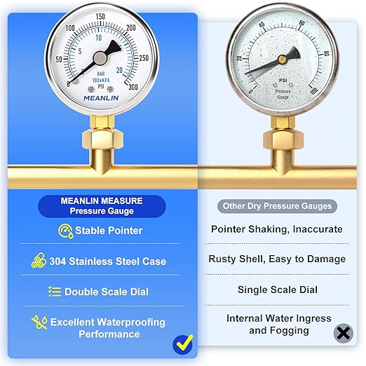 MEANLIN MEASURE 0~300Psi Dry Pressure Gauge Stainless Steel 1/4" NPT 2" FACE DIAL Waterproof for Air Compressor Air Regulator Water Filter Lower Mount, with 1/2" NPT and 3/8" NPT Hex Bushing