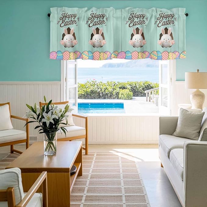 Green Easter Curtain Valances for Windows, Kitchen Valance Window Treatment, Spring Cartoon Bunny Colorful Eggs Wood Grain Light Filtering Block Curtains for Bathroom/Bedroom/Living Room 42'' x 18''