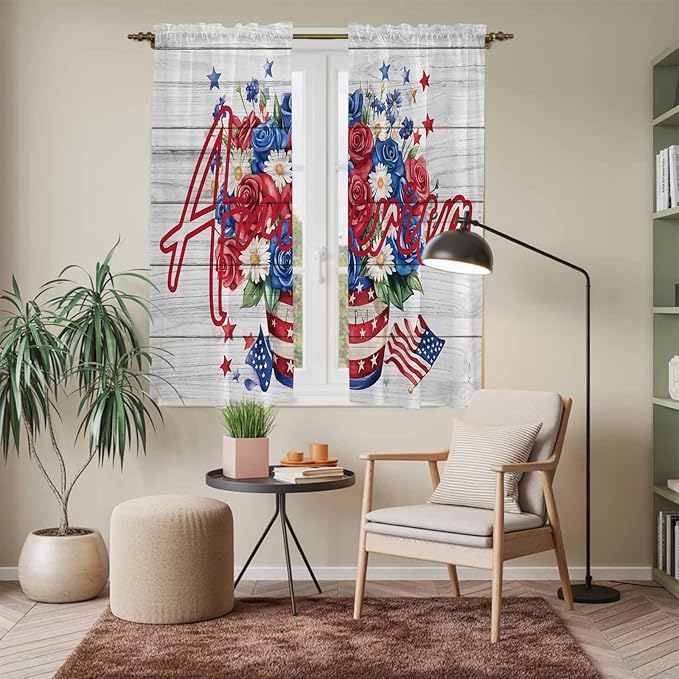 Independence Day Window Curtains 63 Inch Long 2 Panel Set, Rod Pocket Bedroom Curtains & Drapes, 4 of July Rose Wooden Grain Vintage Light Filtering Window Treatment for Living Room 42"W x 63"L