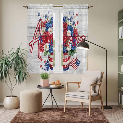 Independence Day Window Curtains 63 Inch Long 2 Panel Set, Rod Pocket Bedroom Curtains & Drapes, 4 of July Rose Wooden Grain Vintage Light Filtering Window Treatment for Living Room 42"W x 63"L