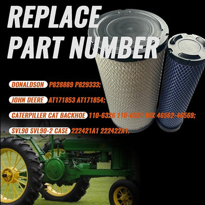 2PCS Air Filters Set P828889-P829333 For Donaldson, Caterpillar Cat Backhoe, Wix, John Deere, Case and Baldwin 110-6326 110-6331 AT171853 AT171854 46562 46569 RS3544 RS3545 222421A1 222422A1