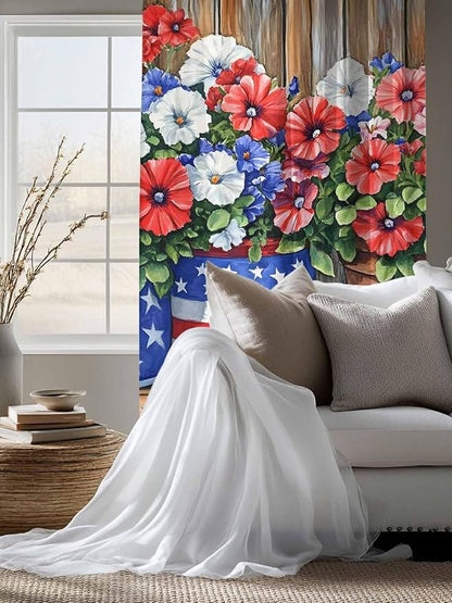Sheer Curtains 63 Inch Length, Red Blue Flower Semi Sheer Curtains Light Filtering Window Treatment, Retro Independence Day Flag Wood Grain Privacy Voile Drapes for Living Room Bedroom 52x63 Inch