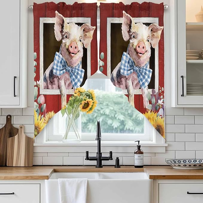 Pig Sunflowers Swag Valances for Windows, Eucalyptus Leaves Floral Bees Red Barn Rod Pocket Kitchen Curtains Valance, Small Window Curtains Swag for Cafe Bathroom Living Room, 2 Panels, 28x36 inch