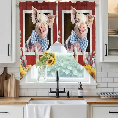 Pig Sunflowers Swag Valances for Windows, Eucalyptus Leaves Floral Bees Red Barn Rod Pocket Kitchen Curtains Valance, Small Window Curtains Swag for Cafe Bathroom Living Room, 2 Panels, 28x36 inch