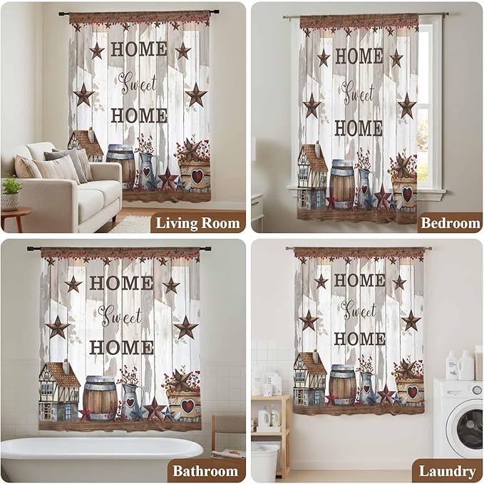 Farmhouse Sheer Curtains 72 Inch Length Retro Country Star Berry Vintage Wood Grain Chiffon Curtain for Bedroom Living Room Light Filtering Rod Pocket Window Treatments Voile Curtains Drapes
