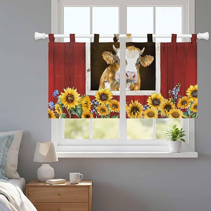 Cows Sunflowers Kitchen Curtains 36 Inch Length, Small Window Curtains Tab Top, Spring Floral Bees Farmhouse Barn Light Filtering Short Window Treatments Tier Drapes 27.5"x36" 2 Panel