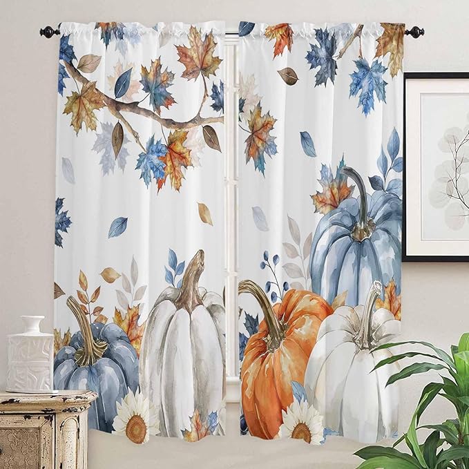 Navy Blue Pumpkin Fall Window Curtains 72 Inch Long 2 Panel Set,Rod Pocket Long Curtains & Drapes,Thanksgiving Maple Leaves Branches Window Treatment for Bedroom Living Room 52"W x 72"L