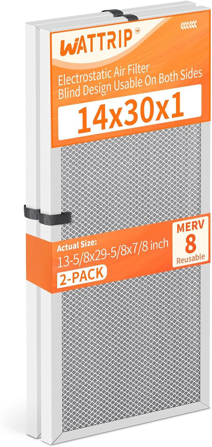 2-Pack 14x30x1 MERV 8 Reusable & Washable Electrostatic Air Filters - Long-Lasting Filter for HVAC, Furnace & Air Conditioner Units, Actual Size: 13-5/8” x 29-5/8” x 7/8”