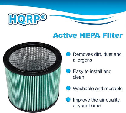 HQRP High Efficiency H14 HEPA Cartridge Filter 2-pack Replacement for Shop-vac 90350 90340 90304 9035033 90344, Fits most 4-16 Gallon Shop-Vac Wet/Dry Vacuums, Washable and Reusable, Green