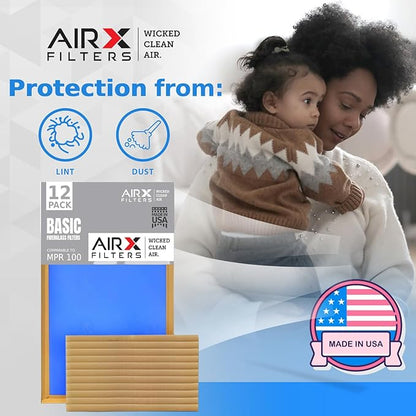 18x20x1 Air Filter Comparable to MPR 100 Basic Economy Furnace Filters, 12 Pack of Non Pleated Fiberglass Filter For Dust - Low Airflow Restriction! From AIRX FILTERS WICKED CLEAN AIR.